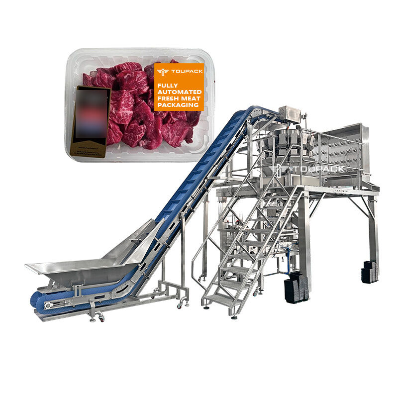 خط تعبئة السلطات والفواكه الأوتوماتيكي مع آلة ختم صينية الميزان متعدد الرؤوس للوجبات الجاهزة