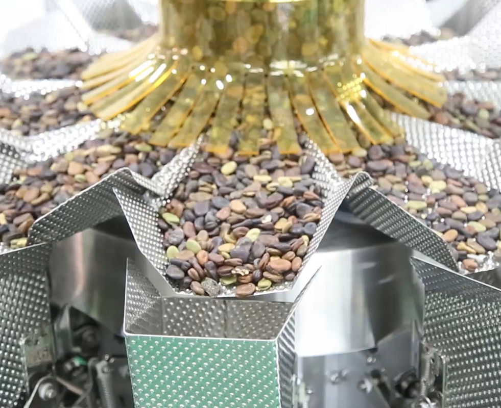 14 Mutihead Weigher VFFS Packaging Machine السلطانية نوع مصعد للفواكه المجمدة حبوب الشوكولاته